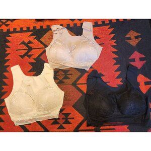 Set Of 3 Lace Wireless XL Bralettes Beige, Black & Cream Stretchy Nylon Spandex